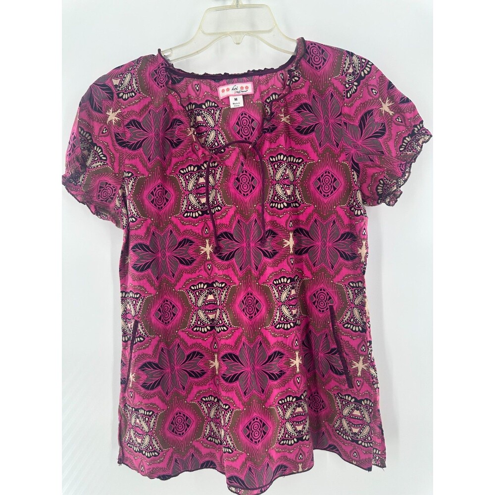 Koi by Kathy Peterson Magenta Geometric Kaleidoscope Scrub Tie-Neck Boho Size M